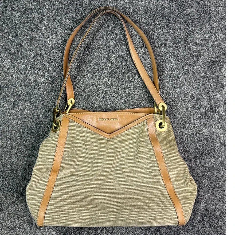Michael Kors Beige Canvas Leather Trim Triple Compartment Shoulder Bag SCKPSOMY